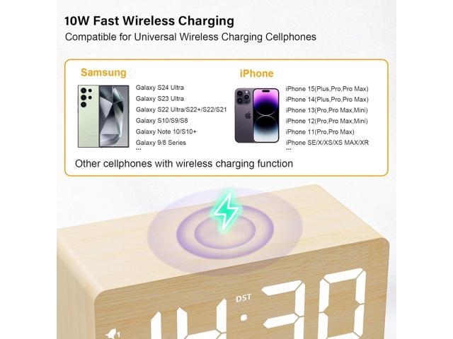 Wood Digital Alarm Clock with 10W Fast Wireless Charger, USB Charging Ports, DST, Dimmable, Snooze, Large Number LED Display for Bedrooms, Desk,...