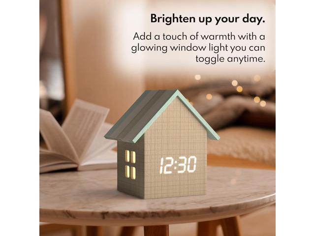 Driini Digital House Shaped Alarm Clock with Temperature Display (Stripe Wood) Modern Aesthetic - Cute Cube Frame and White LED Dimmer - Perfect...
