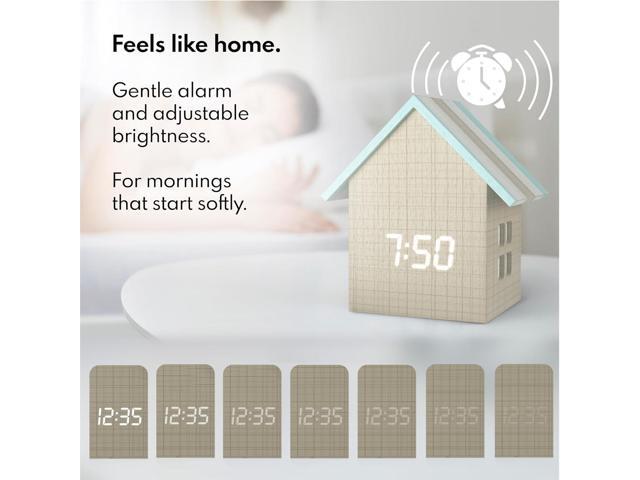 Driini Digital House Shaped Alarm Clock with Temperature Display (Stripe Wood) Modern Aesthetic - Cute Cube Frame and White LED Dimmer - Perfect...