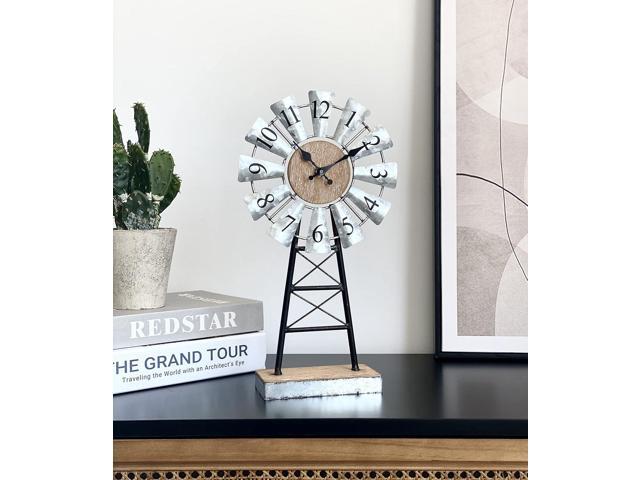 MODE HOME Farmhouse Windmill Desk Clock - 15.75 Inch Galvanized Metal Table Clock with Blades, Small Decorative Office Clock, Battery Operated...
