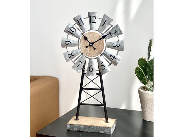 MODE HOME Farmhouse Windmill Desk Clock - 15.75 Inch Galvanized Metal Table Clock with Blades, Small Decorative Office Clock, Battery Operated...