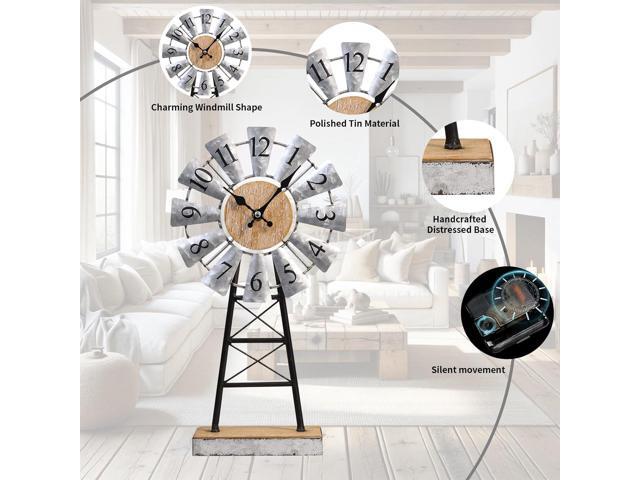 MODE HOME Farmhouse Windmill Desk Clock - 15.75 Inch Galvanized Metal Table Clock with Blades, Small Decorative Office Clock, Battery Operated...