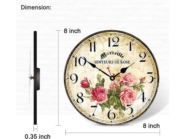 Vintage French Floral Wall Clock with Pink Rose Pattern Small Round Silent Non-Ticking Quartz Movement 8 inches Wall Clocks Battery Operated Home...