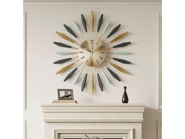 Mid Century Modern Wall Clock, Large Metal Decorative Clock Silent Battery Operated, Colorful Sunburst Starburst 28 Inch Wall Clocks for Living...