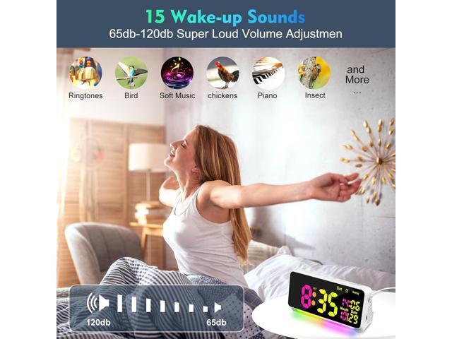 120db Super Loud Alarm Clock for Heavy Sleepers, Bluetooth Connection, 15 Wake Up Sounds, 7 Color Night Light, Dynamic RGB Color Changing, 0-100%...