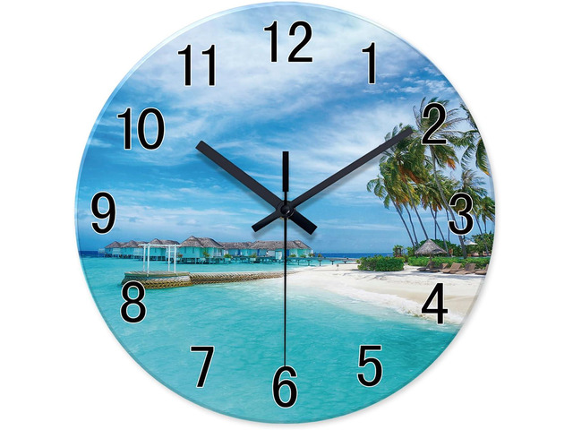 XFM Beach Wall Clock Battery Operated 12 Inch Blue Wall Clocks Silent Coastal Nautical Clock Decorative for Bathroom Kitchen Living Room Office