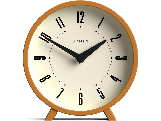 JONES CLOCKS Venus Desk Clock Modern Round Design Mustard Yellow Stylish Retro Look for Shelf, Table, Mantel or Bedside