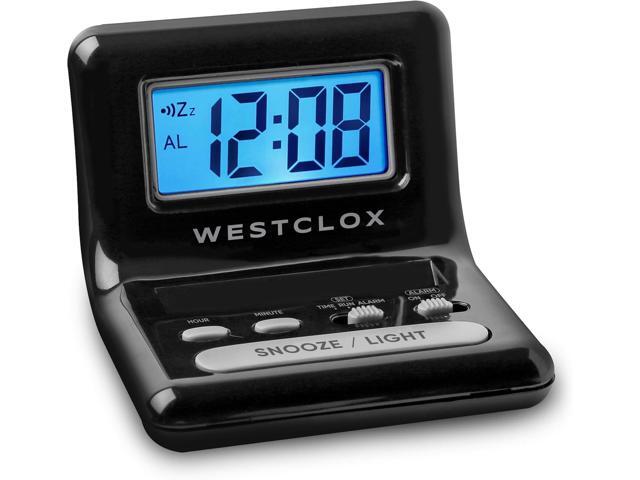 Westclox LCD Digital Bedside Alarm Clock with Blue Backlit Display and Snooze Function, Battery Operated, (Black, 3-Inch)