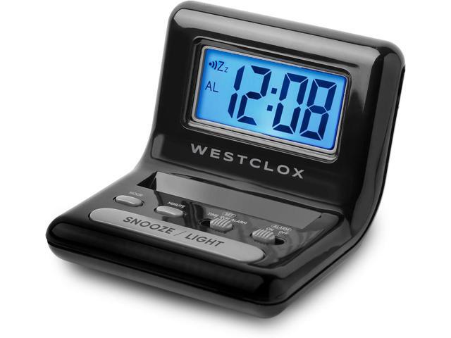 Westclox LCD Digital Bedside Alarm Clock with Blue Backlit Display and Snooze Function, Battery Operated, (Black, 3-Inch)