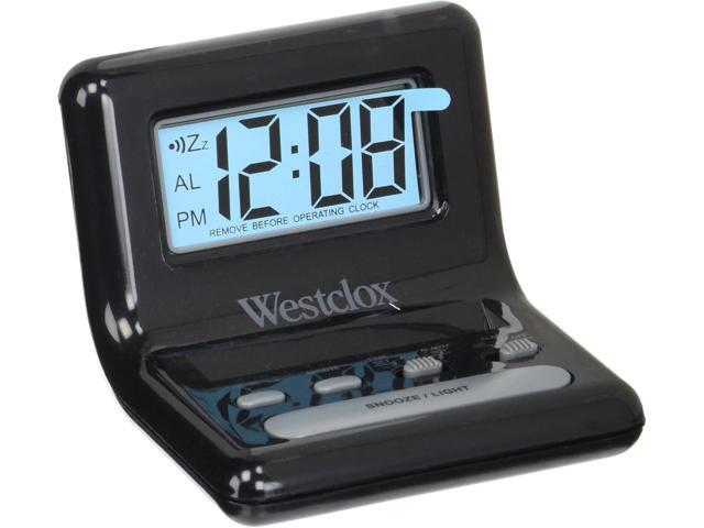 Westclox LCD Digital Bedside Alarm Clock with Blue Backlit Display and Snooze Function, Battery Operated, (Black, 3-Inch)