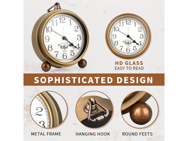 Maxspace Metal Golden Table Clock, Retro Vintage Non-Ticking Small Alarm Clock,Battery Operated Silent Quartz Movement HD Glass Desk Clock for...