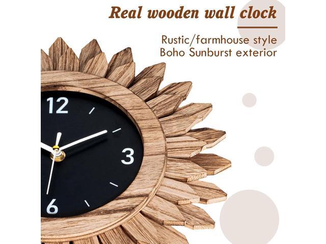 Honiway Wall Clock Battery Operated 12 in Rustic Wood Boho Sunburst Decorative Wall Clock Silent Non Ticking Farmhouse Small Wall Clocks for Living...