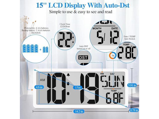 Large Digital Wall Clock with Backlight 15 Inch Digital Alarm Clock for Bedroom Wall Clocks Battery Operated Large Display with Temperature Desk...
