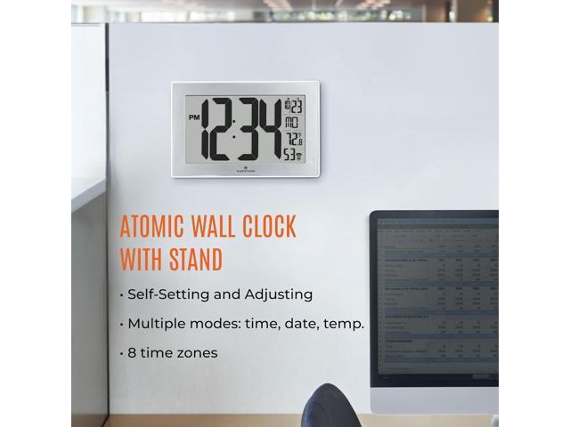MARATHON Atomic Wall Clock with Stand, White Frame/Stainless Steel Finish - Large, 9-Inch Display - AM/PM or 24-Hour Time Format, Eight Time Zones...