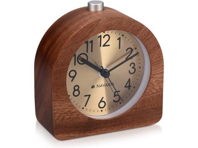 Navaris Wood Analog Alarm Clock - Half-Round Gold Face Battery-Operated Non-Ticking Clock with Snooze Button and Light - Dark Brown