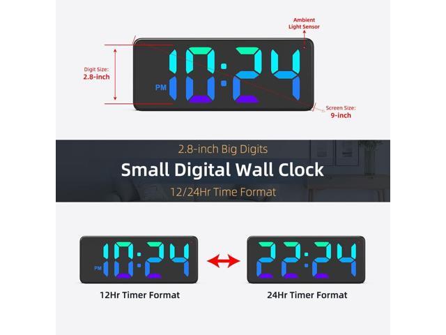 LED Digital Wall Clock with Dynamic RGB Display, Big Digits, Auto-Brightness, 12/24Hr Format, Modern Electric Small Silent Wall Clock for Living...
