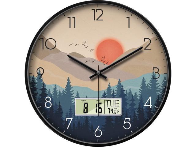 Silent Wall Clock with Day Week Temperature Wilderness with Sunset Non-ticking Battery Operated Large Digital Modern Clocks Display with Calendar...