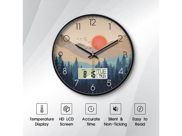 Silent Wall Clock with Day Week Temperature Wilderness with Sunset Non-ticking Battery Operated Large Digital Modern Clocks Display with Calendar...