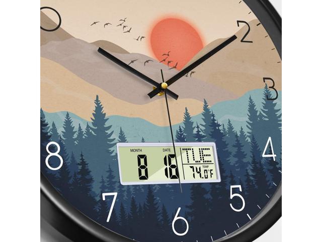 Silent Wall Clock with Day Week Temperature Wilderness with Sunset Non-ticking Battery Operated Large Digital Modern Clocks Display with Calendar...