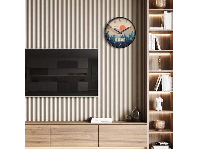 Silent Wall Clock with Day Week Temperature Wilderness with Sunset Non-ticking Battery Operated Large Digital Modern Clocks Display with Calendar...
