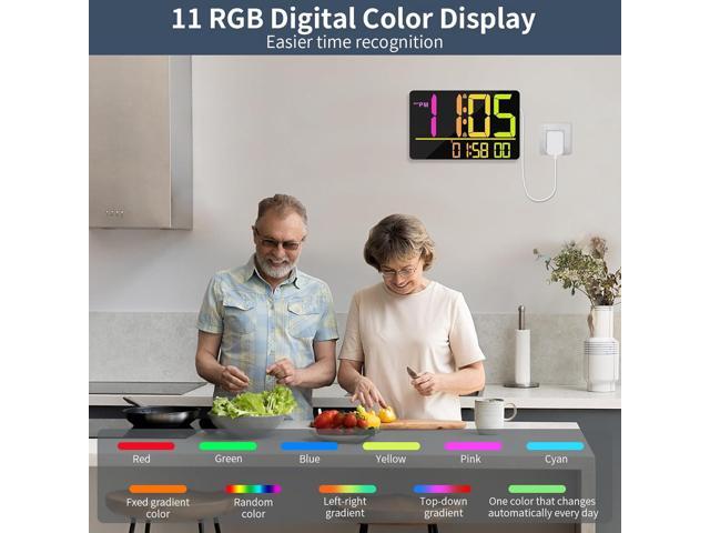 13' Large Digital Wall Clock with Remote, RGB Color Changing, 25 Ringtones, 0-100% Auto/Custom Brightness, Temperature, Calendar, 12/24H, DST,...