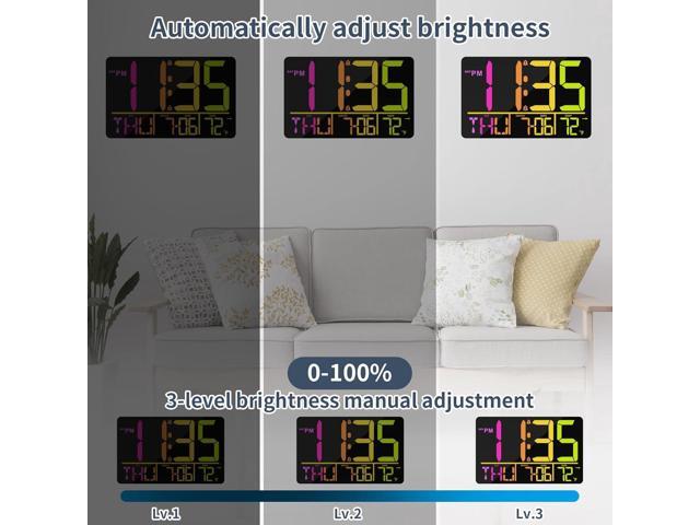 13' Large Digital Wall Clock with Remote, RGB Color Changing, 25 Ringtones, 0-100% Auto/Custom Brightness, Temperature, Calendar, 12/24H, DST,...