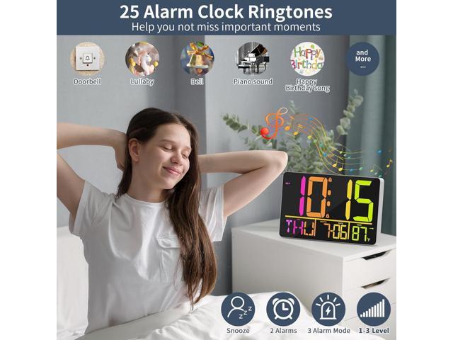 13' Large Digital Wall Clock with Remote, RGB Color Changing, 25 Ringtones, 0-100% Auto/Custom Brightness, Temperature, Calendar, 12/24H, DST,...