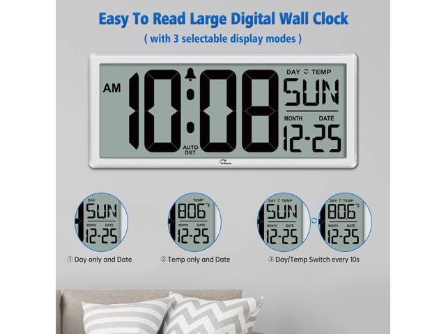 WallarGe 14.5'' Large Digital Wall Clock Battery Operated with Jumbo Numbers, Temperature and Date - Easy to Read and Set, Auto DST