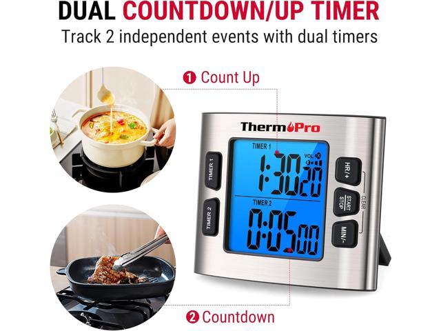 ThermoPro TM02 24 Hours Digital Timer with Dual Kitchen Timers for Cooking, Stop Watches Magnetic Timer Clock with Adjustable Alarm Volume & LCD...