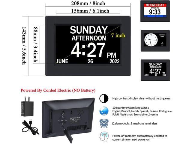 AINFTIME DST Clock with Day and Date for Elderly-3 Display Digital Calendar Alarm Day Dementia Alzheimers Clock with Extra Large Display (7in Black)