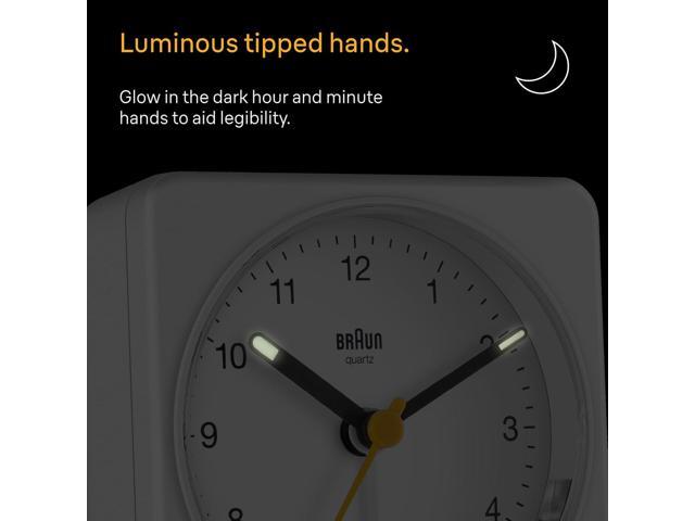 Braun Classic Analogue Alarm Clock with Snooze and Light, Quiet Quartz Sweeping Movement, Crescendo Beep Alarm in White, Model BC03W.