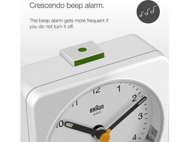 Braun Classic Analogue Alarm Clock with Snooze and Light, Quiet Quartz Sweeping Movement, Crescendo Beep Alarm in White, Model BC03W.