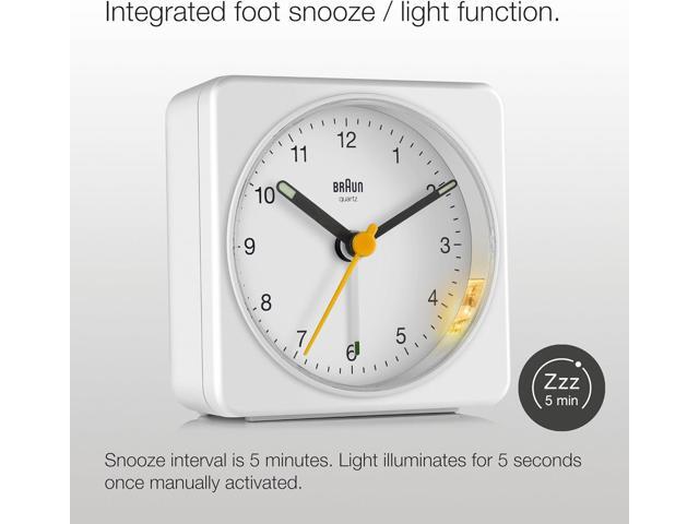 Braun Classic Analogue Alarm Clock with Snooze and Light, Quiet Quartz Sweeping Movement, Crescendo Beep Alarm in White, Model BC03W.