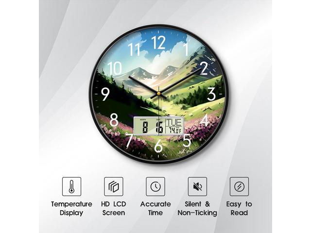 Digital Large Display Silent Wall Clock with Temperature Date Mountain Flowers Modern Non-ticking Battery Operated Mount Clocks Bathroom Kitchen...