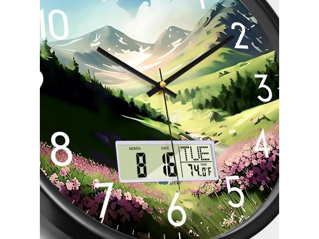 Digital Large Display Silent Wall Clock with Temperature Date Mountain Flowers Modern Non-ticking Battery Operated Mount Clocks Bathroom Kitchen...