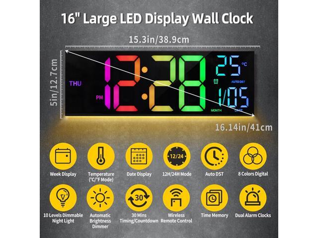 8 Colors Digital Wall Clock, 16.2' Large Digital Clock with Temperature, Date, Auto DST, Night Light, Auto Brightness Dimmer, 24/12-hour Wall Clock...