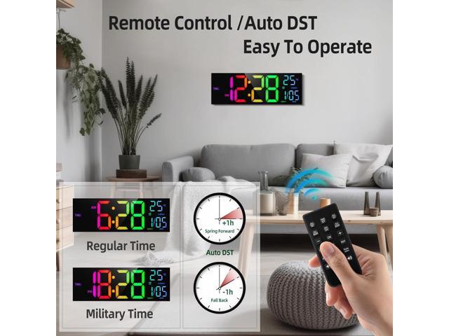 8 Colors Digital Wall Clock, 16.2' Large Digital Clock with Temperature, Date, Auto DST, Night Light, Auto Brightness Dimmer, 24/12-hour Wall Clock...