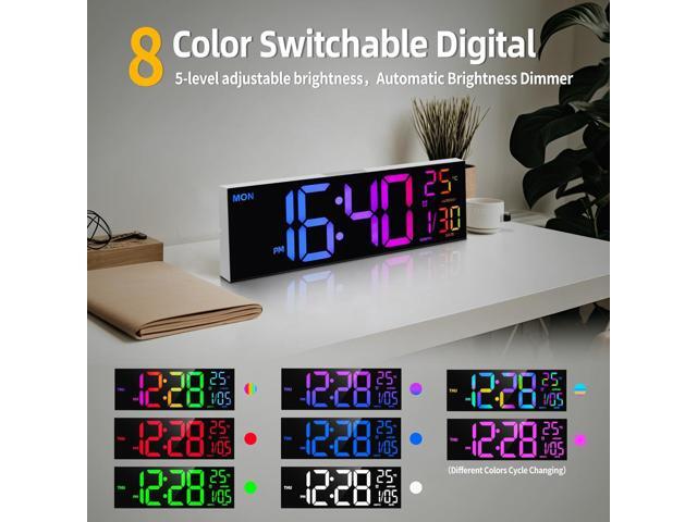 8 Colors Digital Wall Clock, 16.2' Large Digital Clock with Temperature, Date, Auto DST, Night Light, Auto Brightness Dimmer, 24/12-hour Wall Clock...