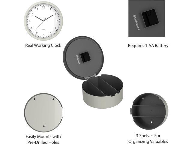 Wall Clock Safe - 10-Inch Battery-Operated Analog Timepiece with Hidden Shelf Storage for Secret Compartment Items and More by Stalwart (Silver/White)