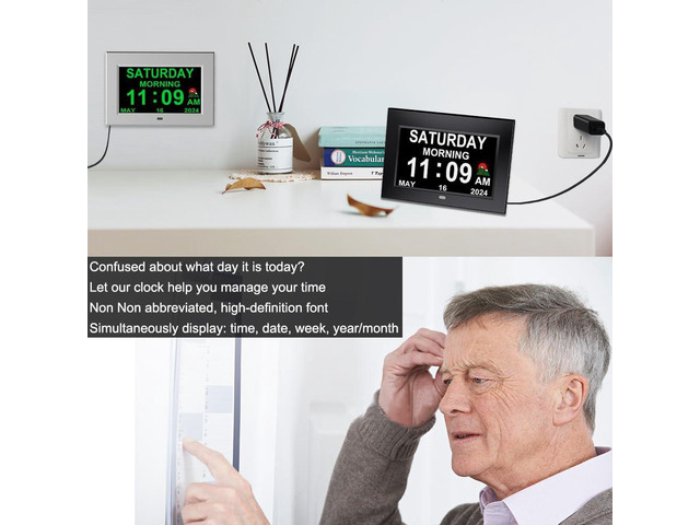 Alarm Clock with Day and Date for Elderly 7inch Digital Calendar Clock Photo Frame- Auto Dimmable Display 15 Alarm Options, Clock with...