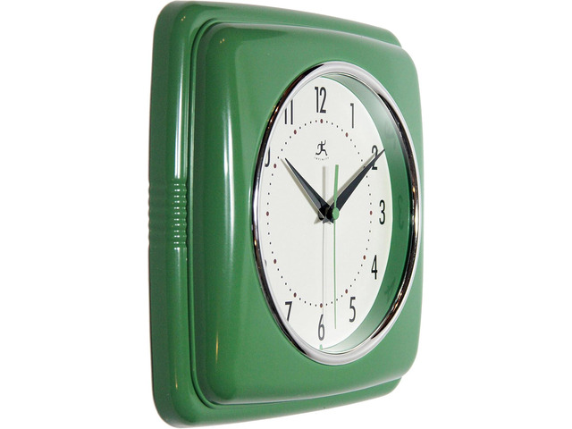 Infinity Instruments Square Silent Retro 9 inch Mid Century Modern Kitchen Diner Retro Wall Clock Quartz Sweep Movement (Green)