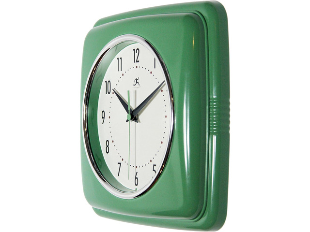 Infinity Instruments Square Silent Retro 9 inch Mid Century Modern Kitchen Diner Retro Wall Clock Quartz Sweep Movement (Green)