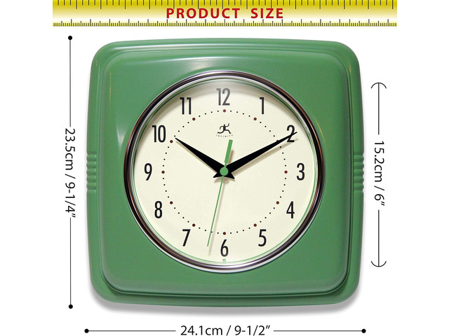 Infinity Instruments Square Silent Retro 9 inch Mid Century Modern Kitchen Diner Retro Wall Clock Quartz Sweep Movement (Green)