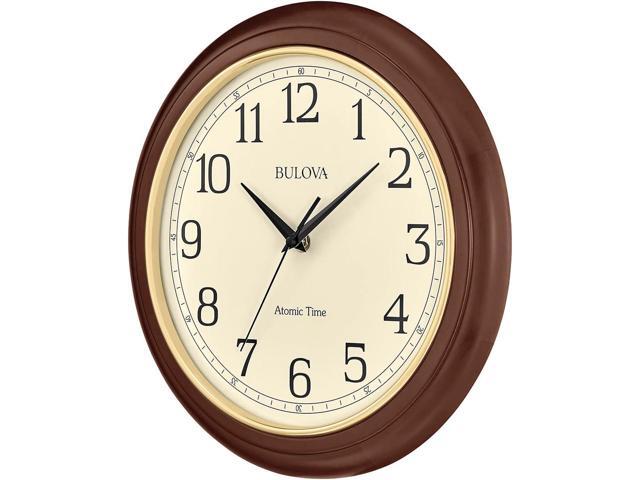 Bulova Atomic Time 2 Analog Wall Clock C5004 12.4' Wooden Frame, Sets Time Automatically Quartz Movement Battery Operated Classic Design
