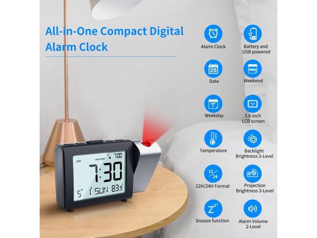 Projection Alarm Clock for Bedroom: Digital LCD Clock with Temperature Date Snooze 12/24H and Weekend Mode, Easy Set Dimmer Clock with 2-Levels...