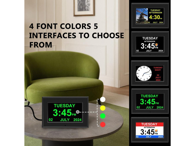 Alarm Clock with Day and Date for Elderly 7inch Digital Calendar Clock Photo Frame- Auto Dimmable Display 15 Alarm Options, Clock with...