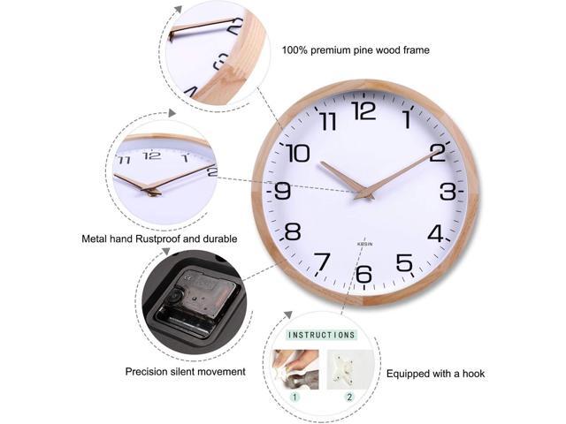 Kesin 12 Inches Wooden Round Silent Wall Clock White Wood Wall Clocks Analog Digital Battery Operated Non Ticking for Living Room Kitchen Bedroom...