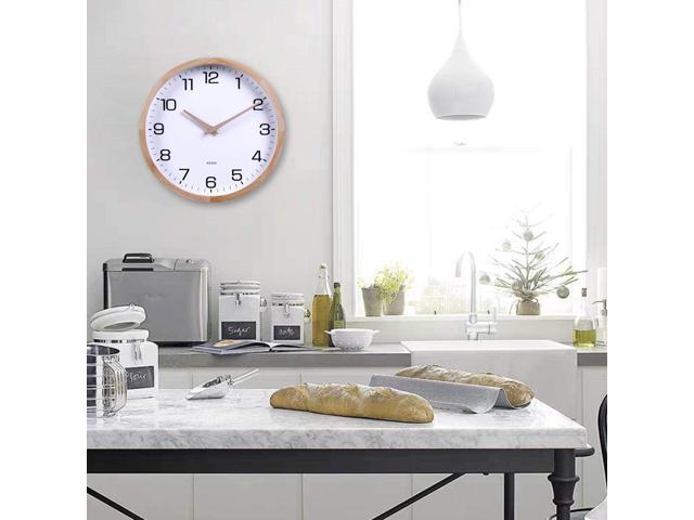 Kesin 12 Inches Wooden Round Silent Wall Clock White Wood Wall Clocks Analog Digital Battery Operated Non Ticking for Living Room Kitchen Bedroom...