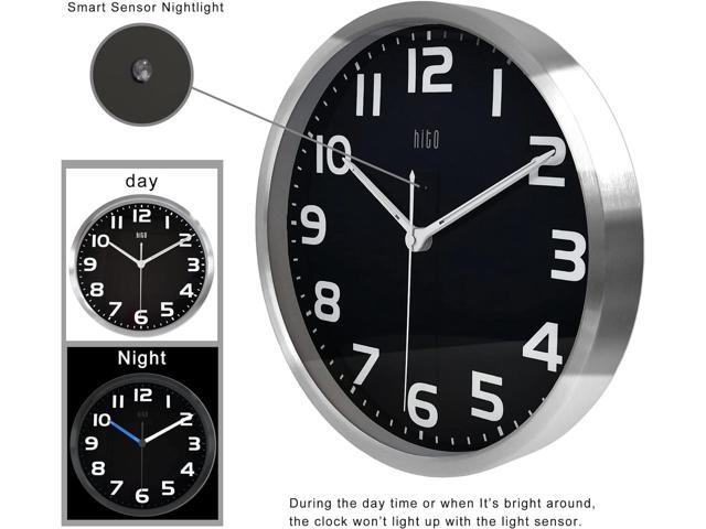 HITO 12 Inch Night Light Wall Clock Battery Operated Brightness Adjustable, Metal Frame, Glass Cover(Hands + Numbers Illuminate)