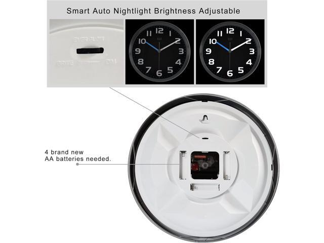 HITO 12 Inch Night Light Wall Clock Battery Operated Brightness Adjustable, Metal Frame, Glass Cover(Hands + Numbers Illuminate)